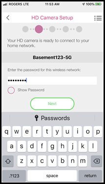 HD Camera Setup password entry screen