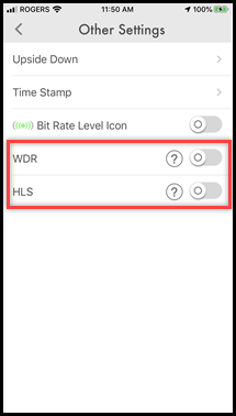 WDR and HLS are toggled off