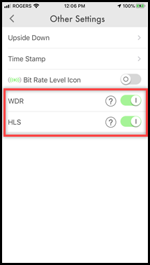 WDR and HLS are toggled on