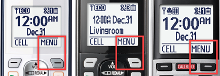 Image shows location of the Menu button on most Panasonic Telephones located on the top right of the hay pad.  The display shows the word MENU above it.