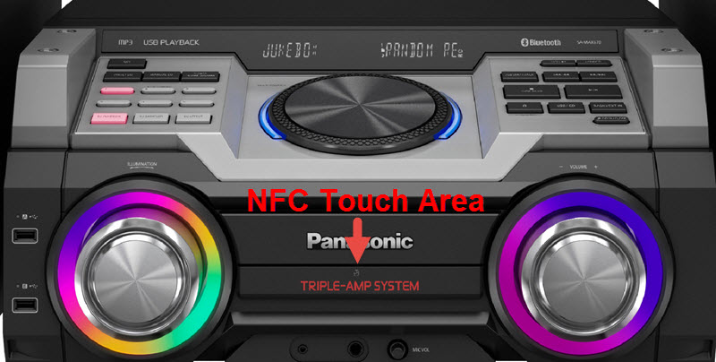 Image shows SC-MAX670 - NFC touch area located on the front of the unit uber the Panasonic logo