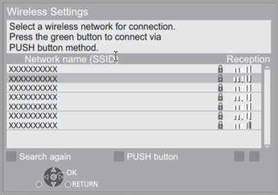 Wireless Settings display with wireless network lists available in the area