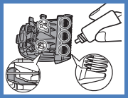 Image shows 5 locations to apply oil middle left and right of blade teeth and left and right side blade guides