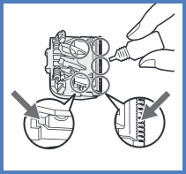 Image shows areas to apply oil one drop to each left middle and right of the teeth, and 1 drop to the left and right side guide blades