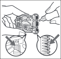 Image shows to apply one drop of oil on each of the cutting teeth positions left, right and middle and one drop on each of the blade guides.