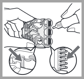 Image shows 5 locations to apply oil middle left and right of blade teeth and left and right side blade guides